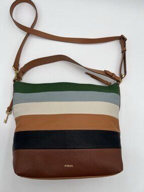 Fossil Julianna Hobo Bag Leather Colorblock Strip Shoulder Purse Key Charm EUC